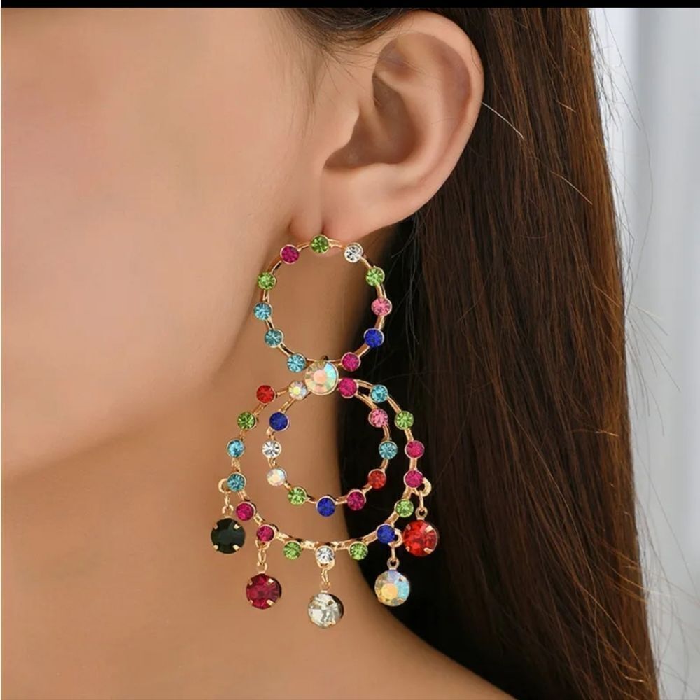 Rainbow Rhinestone Circle Dangle Earrings - image 2
